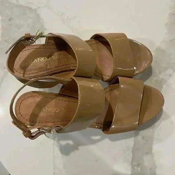 Franco Sarto Frank Nude Cork Block Heels Shiny Strappy Ankle Women’s Size 6.5 - Picture 5 of 10